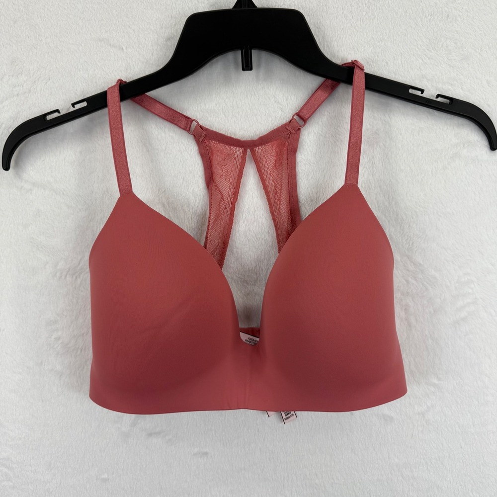 Victoria's Secret Lightly Lined Wireless Bra Size 32DDD Coral Pink‎ Lace Back
